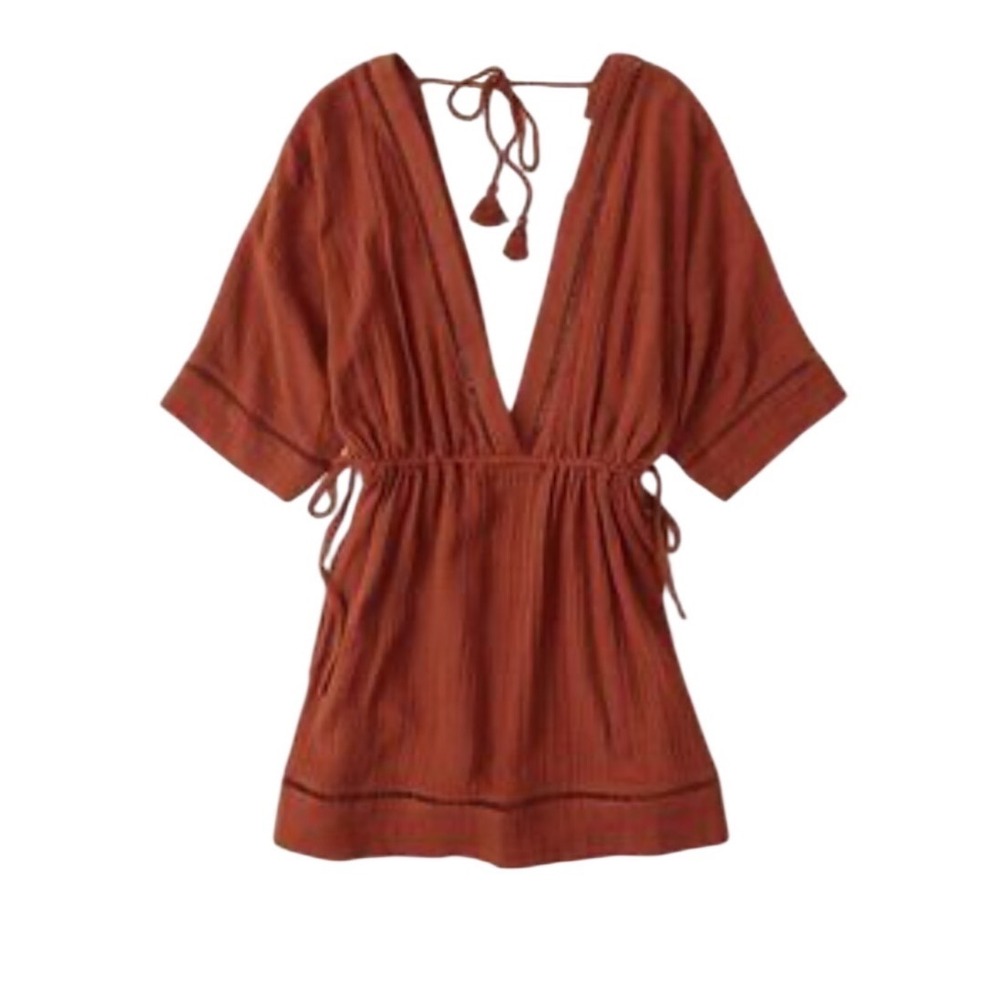 Abercrombie & Fitch Rust Orange Swim Coverup OS V Neck Lace Trim Tassel Tie